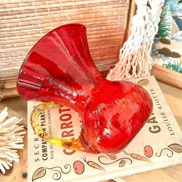 Vintage Rare Rainbow Amberina Crackle Glass Stubby Chunky Pitcher - Picture 8 of 9